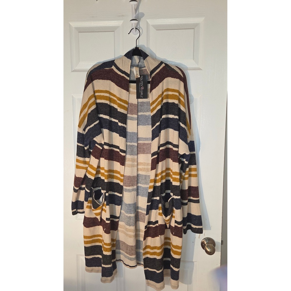 Lovely J Glitzy Girlz Striped Open Front Longline Cardigan Pockets 3XL NEW
